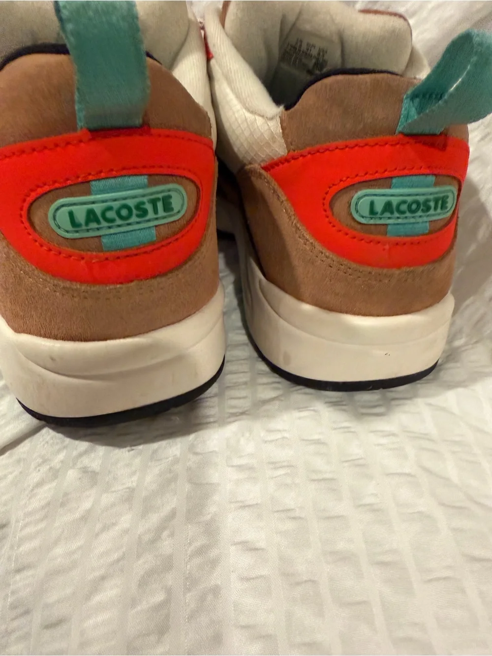Lacoste Men’s Tan Suede Sneakers with Cream and Orange Accents